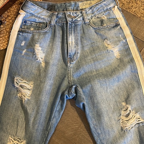 Distressed Blue Jeans with White Stripes CANAL - Picture 3 of 9